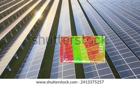 Solar panel inspection by drone thermal camera. Analyze of photovoltaic cells. 3D render Royalty-Free Stock Photo #2413375257