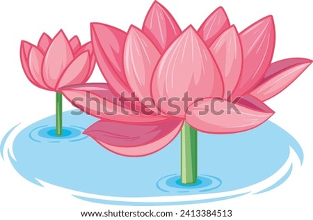 Pink lotus flowers with one green leaf in the pond illustration