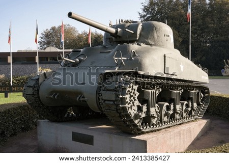 The Grizzly I was a Canadian-built M4A1 Sherman tank with relatively minor modifications, primarily to stowage and pioneer tool location and adding accommodations for a Number 19 radio set. Royalty-Free Stock Photo #2413385427