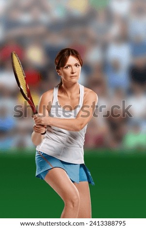 Concentrated female tennis player looking straight ahead and waiting for incoming ball