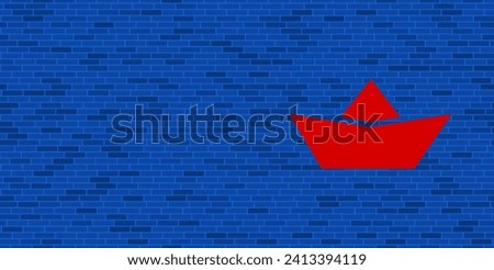 Blue Brick Wall with large red paper boat symbol. The symbol is located on the right, on the left there is empty space for your content. Vector illustration on blue background