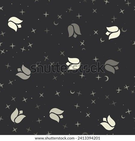 Seamless pattern with stars, tulips on black background. Night sky. Vector illustration on black background