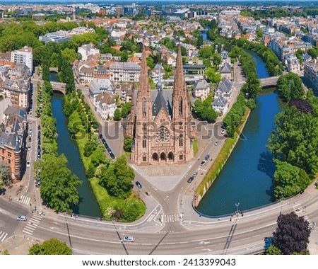  St. Paul Church and European Parliament in the background in Strasbourg - Alsace, France 