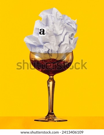 Contemporary art collage. Lost in thought. Glass of alcoholic cocktail with smashed paper and letter A stands against yellow background. Concept of party, surreal, lifestyle, nightclub, Friday mood