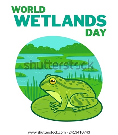 World Wetlands Day banner, flat design vector illustration. Frog on a lily pad and swamp background. 