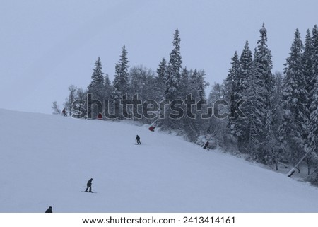 Skiers in colorful clothes go slalom skiing from mountains in Scandinavia. Young people and the elderly on holiday with families ski from the slalom slope.