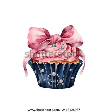 Vector cupcake in watercolour style. Decorative cake with a pink bow isolated on white background. Cupcake clip art for cafe, bakery, logo
