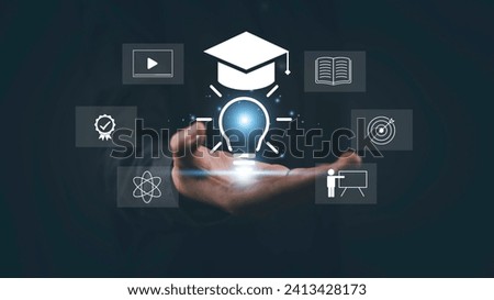 Digital learning or online video course concept. Business webinar employee training types of personal development and professional. E-learning education, Internet lessons, Knowledge home school.	 Royalty-Free Stock Photo #2413428173