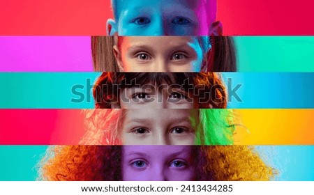 Set of children's eyes placed on narrow stripes over multicolored background in neon light. Concept of childhood, emotions, lifestyle, diversity