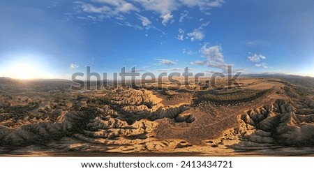 VR 360 View. End of the World Viewpoint. Panoramic aerial view of mountainous desert area. Ravines, caves, badlands and cliffs in a colorful sunset. Vision PRO. Clouds in sky panoramic view. Spain.
 Royalty-Free Stock Photo #2413434721