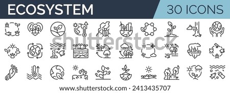 Set of 30 outline icons related to ecosystem. Linear icon collection. Editable stroke. Vector illustration Royalty-Free Stock Photo #2413435707