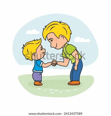 Dad shakes hands with his cute son. Mutual respect in the family, father's love for the child. Smiling happy people against the background of grass, sky. Cartoon style, black outline. Vector clipart.