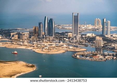 Abu Dhabi, United Arab Emirates January 3rd 2024. Aerial photo of Abu Dhabi cityscape, panorama