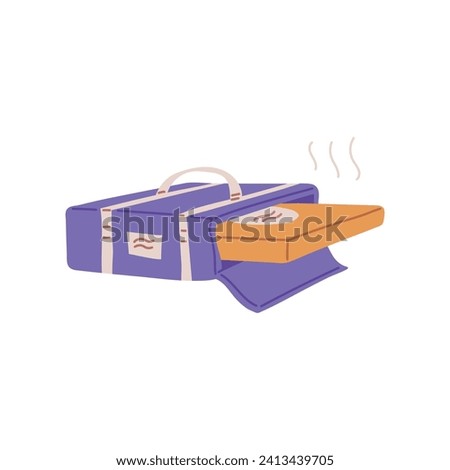 Purple opened courier bag with pizza flat style, vector illustration isolated on white background. Decorative design element, food delivery service, hot pizza