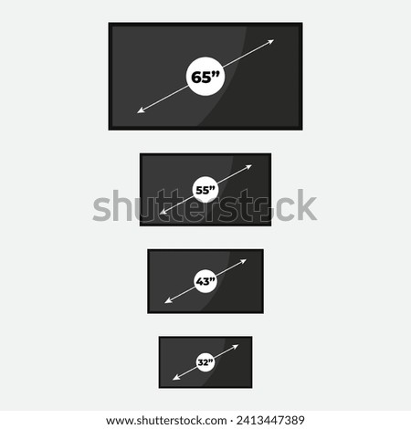 Smart TV icon set. Diagonal screen size in 32, 43, 55 and 65 inches. LCD television display. Computer monitor. Vector illustration, flat design Royalty-Free Stock Photo #2413447389