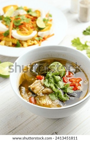Soup neua or Thai spicy sour beef clear soup. Perfect for recipe, article, or any commercial purposes. With copy space. 