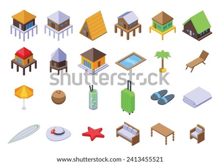 Tropical hotel icons set isometric vector. Sea shore beach. Villa summer Royalty-Free Stock Photo #2413455521
