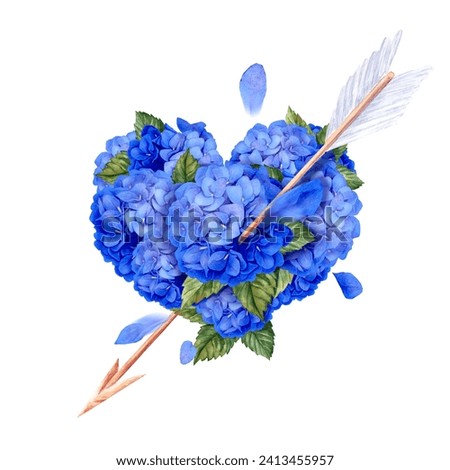 Watercolor clipart of hydrangea. Inflorescence with leaves. Picture for gifts, St Valentine day Hearts for Cards, labels