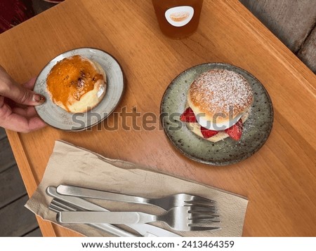 Homemade Bakery on wooden table in restaurant cafe, top view picture