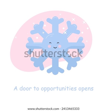 Cute snowflake character. Postcard with a motivational inscription. Square. Shine. Sky. Pink background. Baby cute vector illustration.