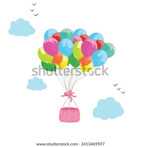 Hot air balloons vector illustration set in cartoon style. Colorful bunch of balloons. Flying balloon airship clip art. Decoration items for party. Flat vector isolated on white background.
