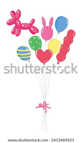 Balloons vector illustration set in cartoon style. Colorful bunch of balloons with different shapes. Flying balloon clip art. Decoration items for party. Flat vector isolated on white background.
