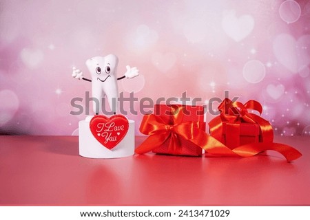 cartoon model of a tooth on a white podium and gift boxes on an abstract background of hearts
