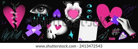 A pack of elements for a collage on the theme of a broken heart. Aesthetics of emo zoomers. Vector trendy  illustration Royalty-Free Stock Photo #2413472543