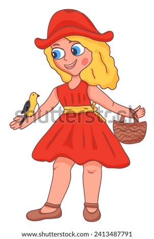 Little red hood fairytale illustration. Girl with bird