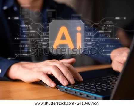 Businessman using AI technology for working support. Bot chat to AI and learning, automatic generate great content and solution, artificial intelligence machine help problem solving.