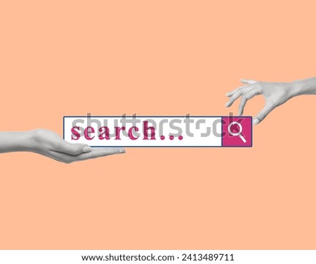 Contemporary art collage of hands holding search line. Minimalism. Modern design. Copy space.