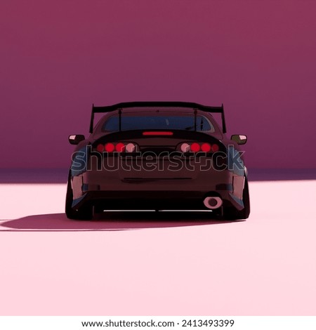 4K Square rear or back view angle a black metalic supercar with pink pastel color background isolated, JDM japan car or Japanese Domestic Market
