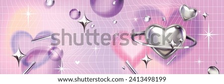 Y2k blur gradient heart background, love futuristic vector poster, trendy chrome 3D shapes grid. Abstract romantic aesthetic Valentine Day holiday banner, silver heart, 2000s party. Y2k background Royalty-Free Stock Photo #2413498199