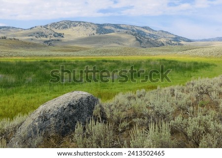 View across the wild beautiful landscape of Yellowstone National Park with sagebrush and flanked by foothills of Rockies near Mammoth Hot Springs  in Wyoming, USA. Royalty-Free Stock Photo #2413502465