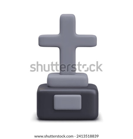 Gray stone cross with tombstone. 3D illustration for Halloween. Christian monument for burial of deceased. Vector mockup, place for name. Template for scary design, zombie game