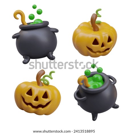 Collection with vat with green potion and orange pumpkin lantern with spooky face. Element decoration for Halloween concept. Vector illustration in 3d style