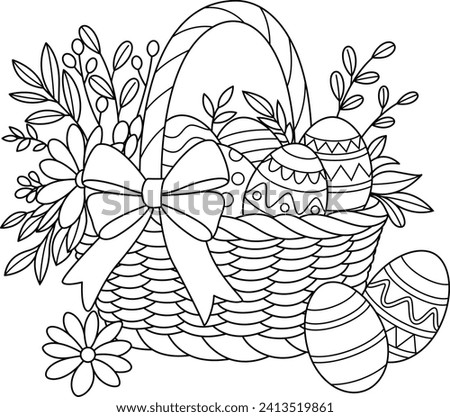 Easter wicker basket with a bow, flowers and painted eggs coloring book page