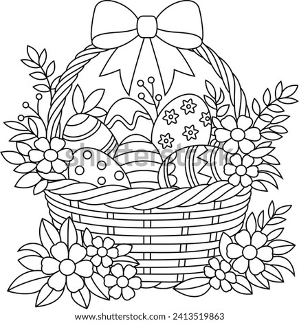 Easter wicker basket with a bow, flowers and painted eggs coloring book page
