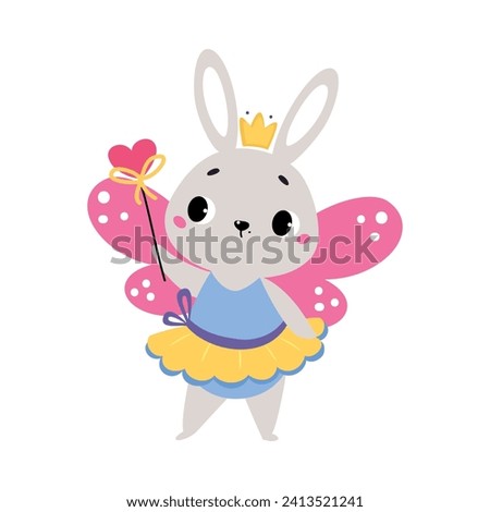 Bunny Animal Fairy in Pretty Dress with Magic Wand and Wings Vector Illustration