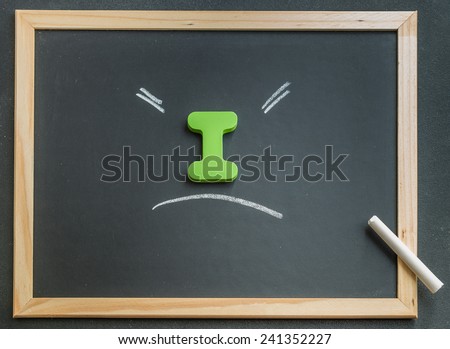 Wooden I character on black board