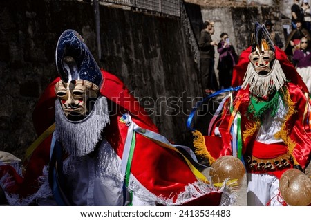 Pantalla the traditional carnival mask. One of the most popular carnivals in Galicia, Entroido de Xinzo de Limia. Royalty-Free Stock Photo #2413534483