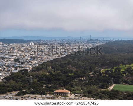 Richmond and Golden Gate Park. View over the districts of Richmond and the Golden Gate Park in San Francisco onboard a seaplane. Royalty-Free Stock Photo #2413547425