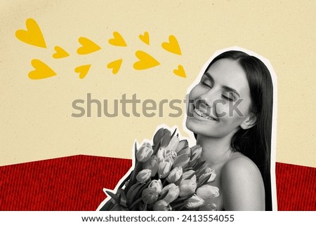 Collage portrait of lovely positive black white effect girl closed eyes fresh flowers painted hearts isolated on beige background Royalty-Free Stock Photo #2413554055
