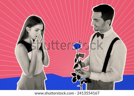 Creative collage picture black white effect charm lovely couple propose date surprise sketch rose shocked happy marriage jewelry unusual