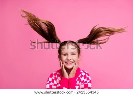 Photo of cute adorable cheerful girl in trendy clothes touch face have fun rejoice special sale discount isolated on pink color background Royalty-Free Stock Photo #2413554345