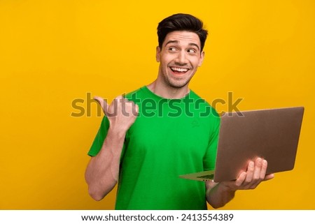 Photo of interested young digital businessman introduce startup idea for investors point finger mockup isolated on yellow color background