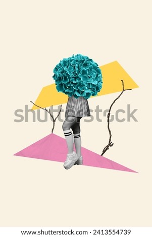 Vertical collage image of flourish flower stand mini black white effect girl legs tree branch isolated on drawing creative background