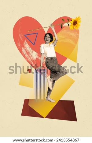 Vertical collage picture of cheerful black white colors girl hand hold sunflower dancing painted heart symbol isolated on beige background