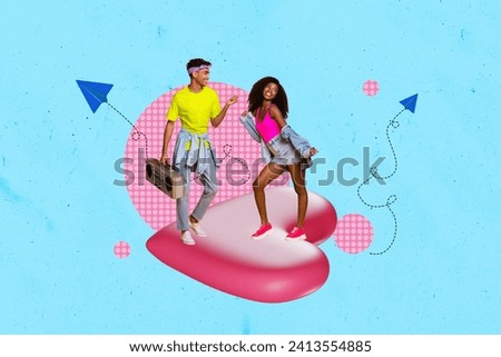 Creative collage picture of two mini excited people dance big heart hold boombox flying paper planes isolated on blue background