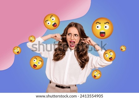 Creative collage picture photo young beautiful girl closed ears ignoring scream smile social network emojii drawing background